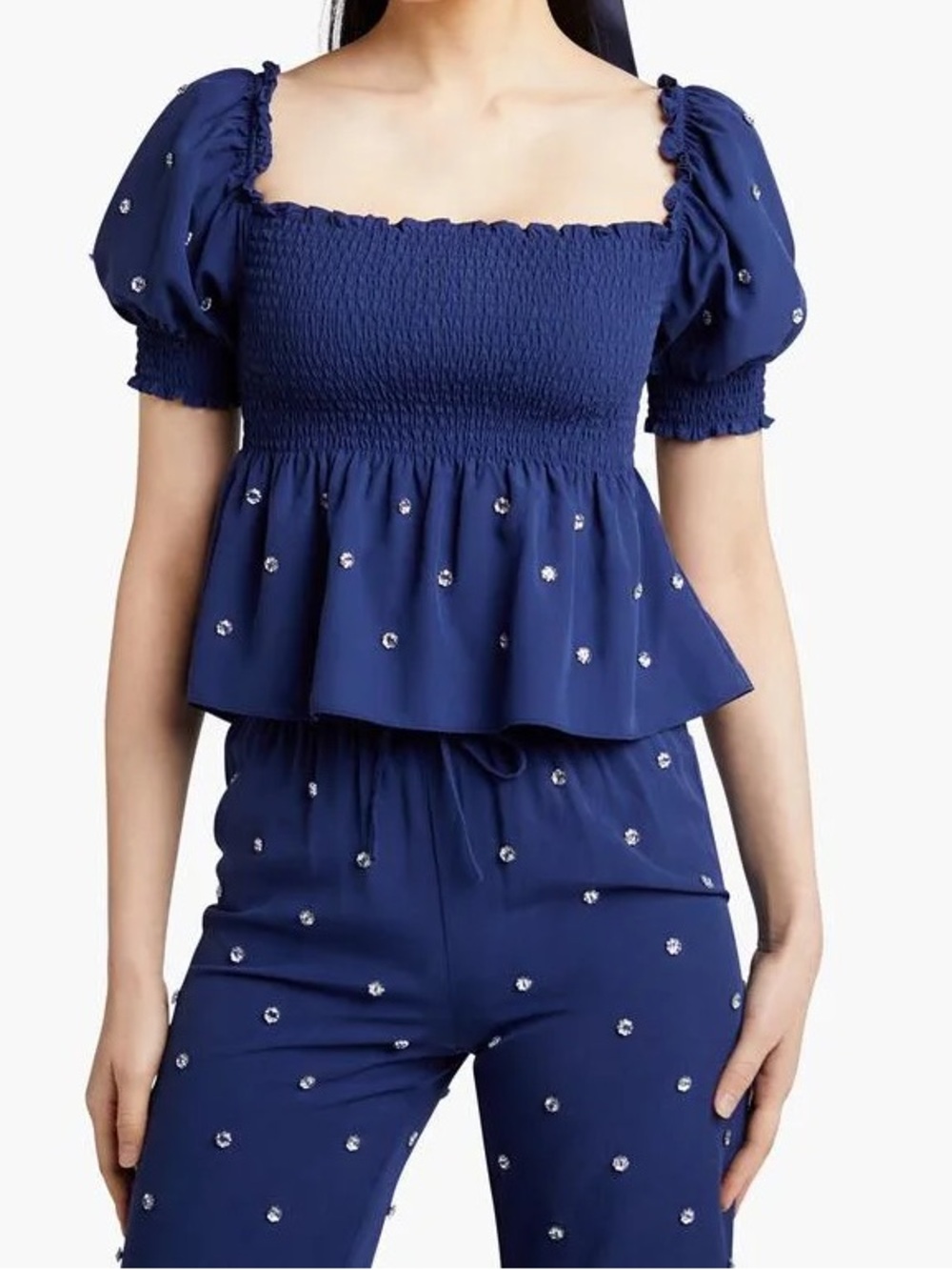 Hill House Home Jewel Jammie Top Navy Crystal Smocked Size Small